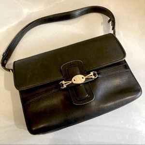 Mark Cross Vintage Black Leather Flap Handbag, Convertible to Shoulder Bag